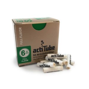 ActiTube Extra Slim 6 mm Aktivkohlefilter (Full Flavor): Packung mit 50 Aktivkohlefiltern und Keramikkappen.