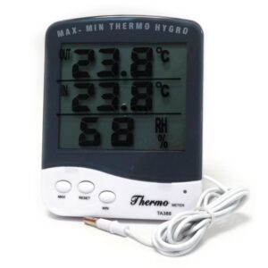 Digitales Thermo-Hygrometer TA388 mit Fühler zur Messung von Temperatur und Luftfeuchtigkeit.