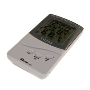 Weißes TH368 Thermo-Hygrometer mit Uhr und Min-/Max-Funktion.