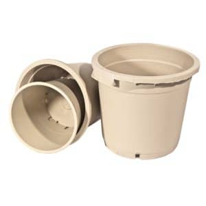 Weißer runder Pflanztopf 35 × 35 cm mit 27 Liter Volumen.