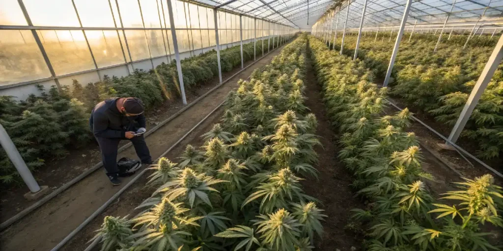 Cannabis-Anbaukalender mit junger Pflanze im Außenanbau auf einem Feld