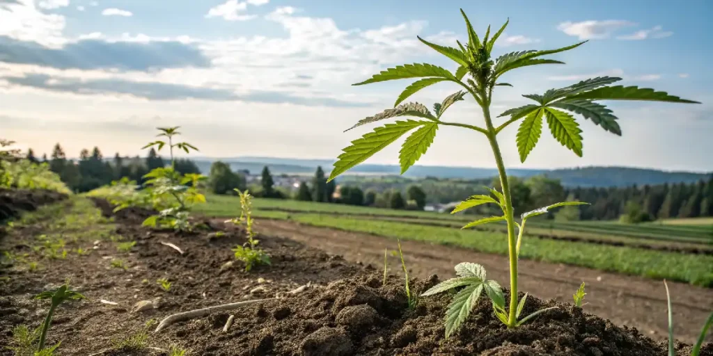 Cannabis-Anbaukalender mit junger Cannabispflanze im Freiland während der frühen Wachstumsphase