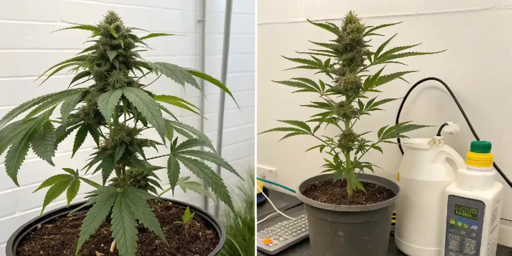Cannabispflanzen mit Düngerbehältern zur Nährstoffversorgung im Grow