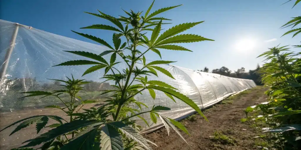 Grower kontrolliert Cannabispflanzen im Outdoor-Anbau bei Sonnenuntergang