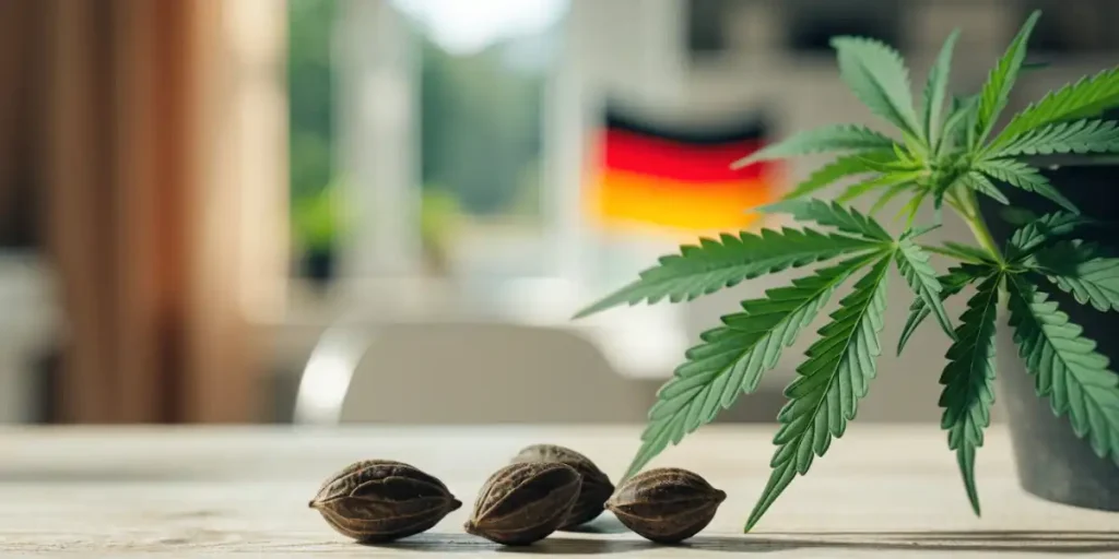 Cannabis-Samen neben einer Cannabispflanze mit deutscher Flagge im Hintergrund