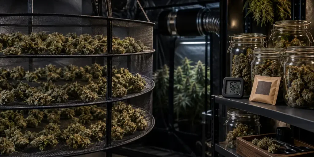 Cannabis richtig trocknen und curen: Netze, Luftfeuchte & Dauer