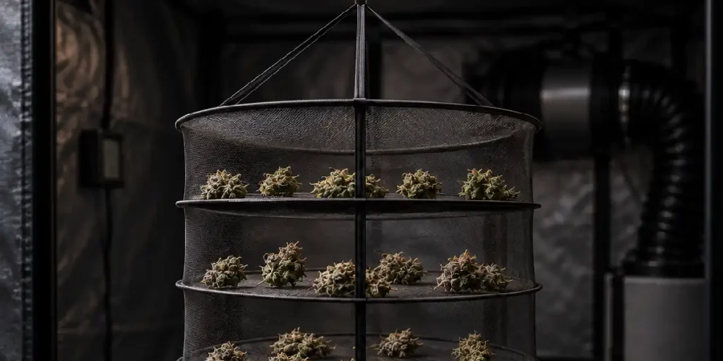 Cannabisblüten im Trockennetz in einem belüfteten Growraum trocknen