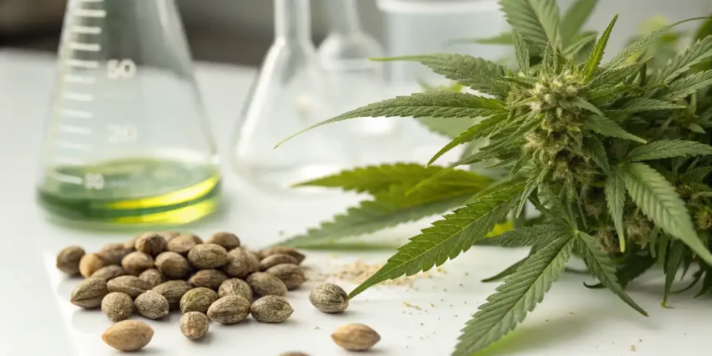 CBD-Samen mit Cannabispflanze und Fläschchen mit Hanföl