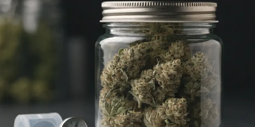 Geruchsdichte Dose mit getrockneten Cannabisblüten