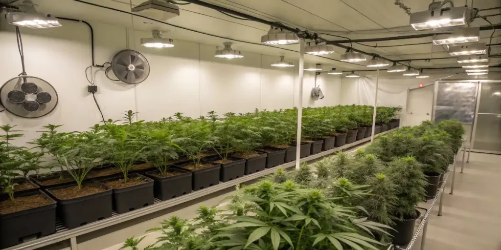 Growzelt mit LED-Lampe und Umluftventilator für die richtige Belüftung