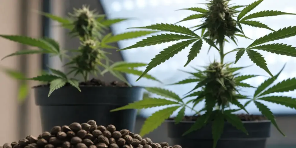 Legale Cannabis-Samen in Deutschland neben einer jungen Cannabispflanze