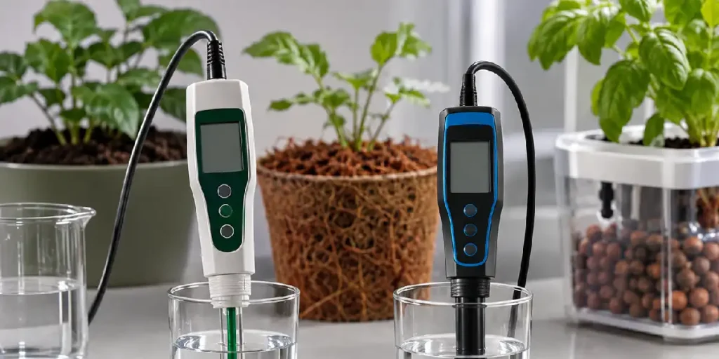 pH- und EC-Messgeräte beim Messen der Nährlösung im Growraum