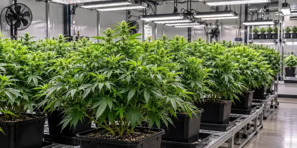 Gesunde Cannabis-Mutterpflanze mit kräftigem Wachstum und vielen Seitentrieben