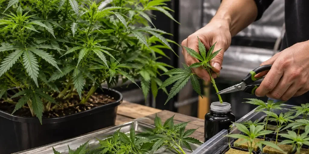 Cannabis-Stecklinge während der Bewurzelung in einem Anzuchtsystem