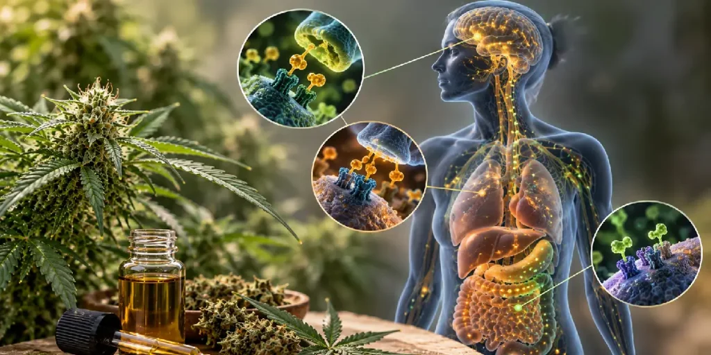 Visualisierung des Endocannabinoid-Systems mit CB1- und CB2-Rezeptoren, passend zur Erklärung ihrer Verteilung und Funktion im Körper.