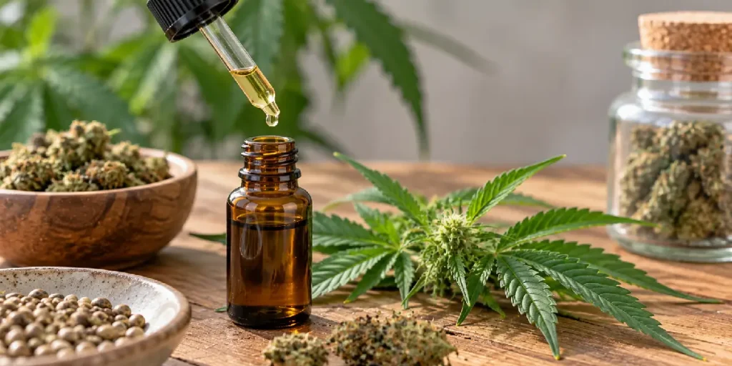 Cannabispflanze mit CBD-Öl und getrockneten Blüten zur Erklärung von CBD